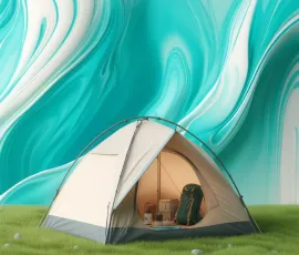 DALL·E 2024-05-27 05.01.49 - A realistic camping tent set against a background with turquoise and white colors. The tent is pitched on a grassy surface, with a partially open entr