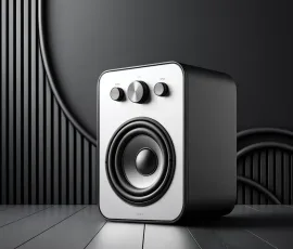 DALL·E 2024-05-27 05.13.36 - A sleek, modern speaker set against a sophisticated background with black and white colors. The speaker is centrally placed, featuring a minimalist de