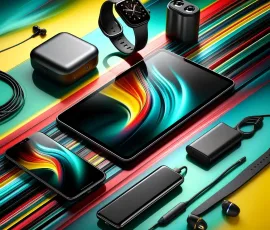 DALL·E 2024-05-27 05.15.27 - A variety of gadgets displayed on a background featuring colors black, turquoise, yellow, and red. The gadgets include a smartphone, smartwatch, earbu
